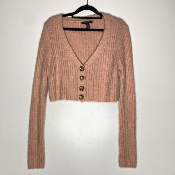 Forever 21 Ribbed Knit Fuzzy Crop Cardigan Sweater Women's Size Large - Picture 7 of 7